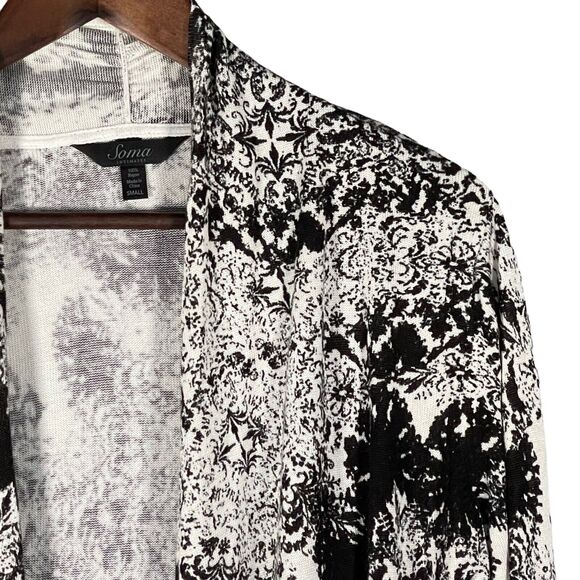 Soma Intimates Open Front Cardigan Knit Sweater Black White Print Size S *STAINS - Picture 3 of 12